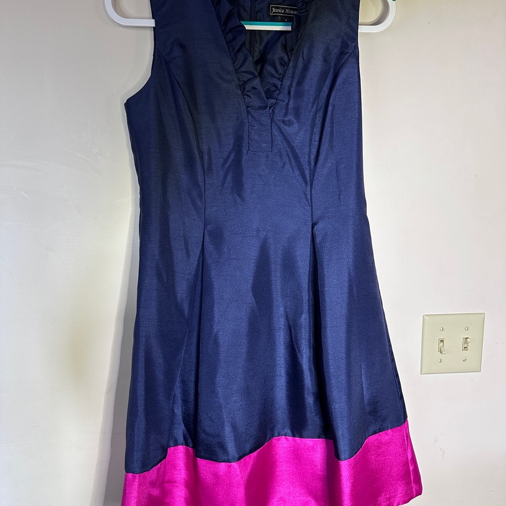 Jessica Howard Navy Dress with Bright Pink Hem